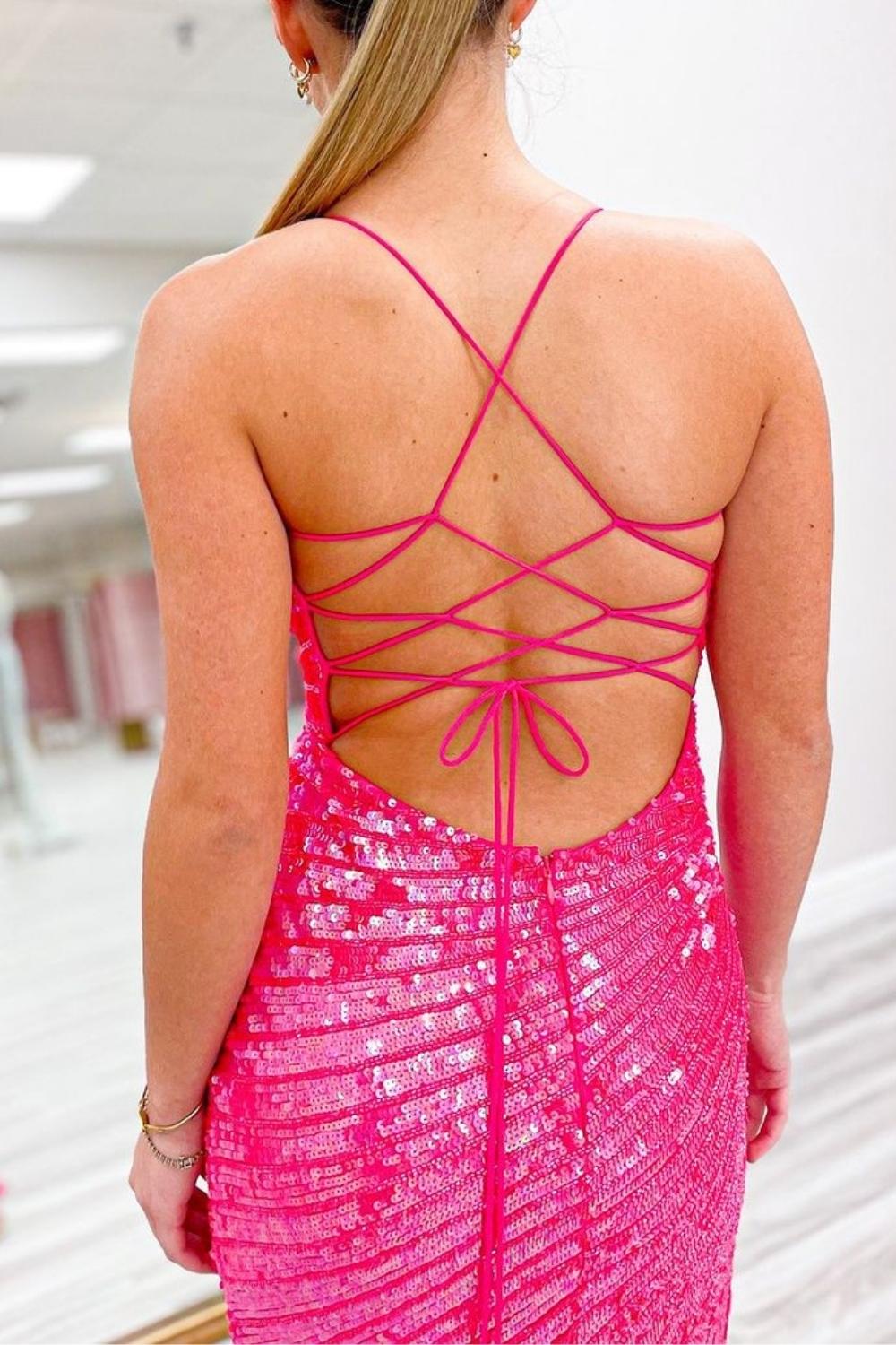 Weitese Sparkly Mermaid Spaghetti Straps Fuchsia Sequins Long Prom Dress with Criss Cross Back